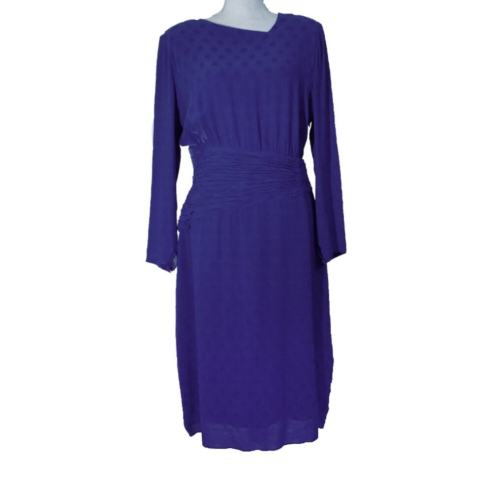 Akris Vintage 1980s 100% Silk Blue Polka-Dot Long-Sleeve Asymmetrical Dress